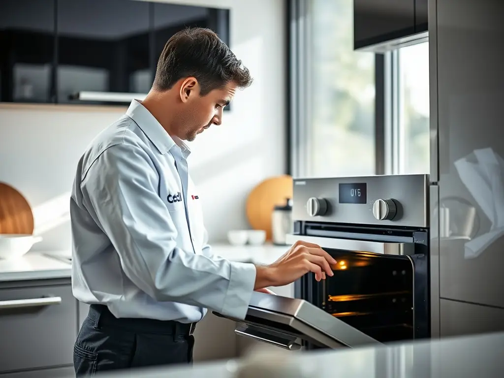A team of licensed professionals installing a high-end oven in a modern kitchen, highlighting their expertise and attention to detail, reflecting Ray & Co Corp's commitment to quality.