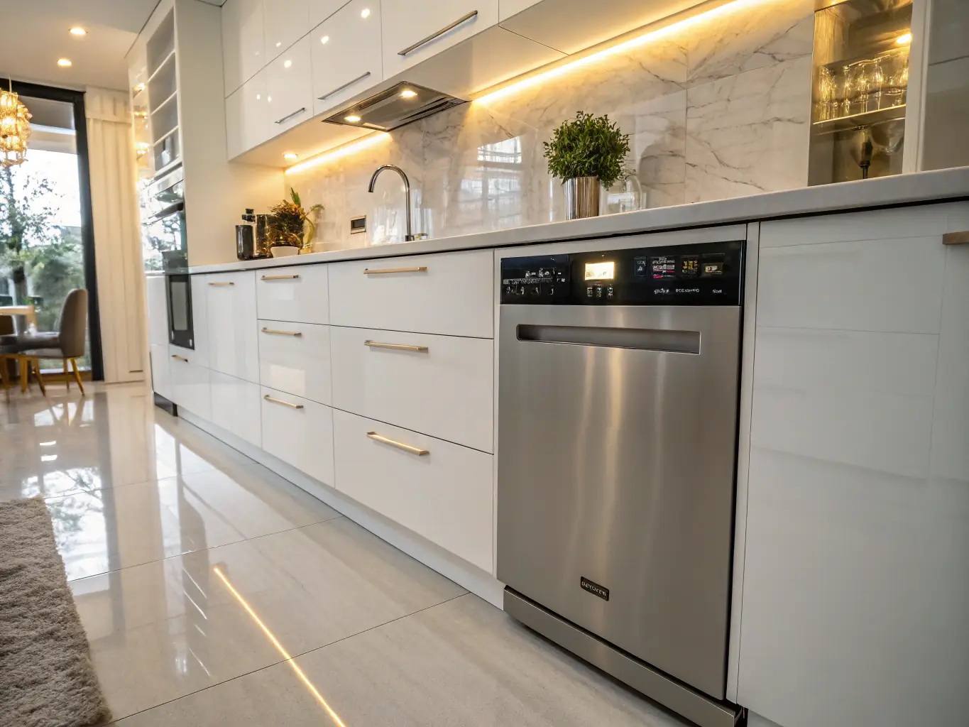 A detailed shot of a fully integrated dishwasher installed in a luxury kitchen, demonstrating the clean lines and seamless design achieved by Ray & Co Corp.