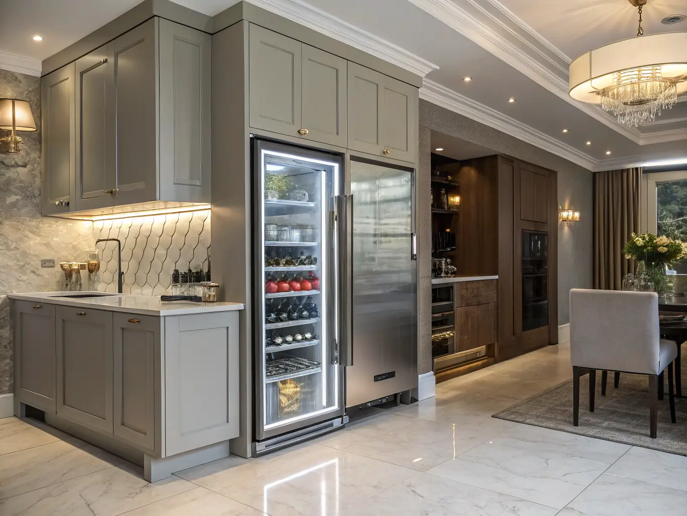 A high-end kitchen featuring a perfectly installed luxury refrigerator, showcasing seamless integration and modern design, emphasizing the precision and care taken by Ray & Co Corp.