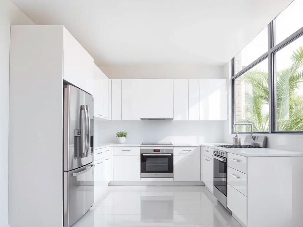 A high-end, modern kitchen featuring a newly installed, sleek refrigerator with stainless steel finish, exemplifying Ray & Co Corp's attention to detail and seamless integration.