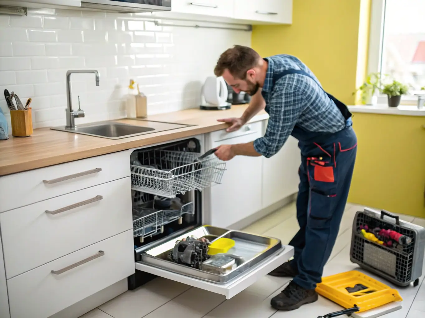 An image of a sleek, modern dishwasher being installed in a luxury kitchen, showcasing the attention to detail and seamless integration provided by Ray & Co Corp.